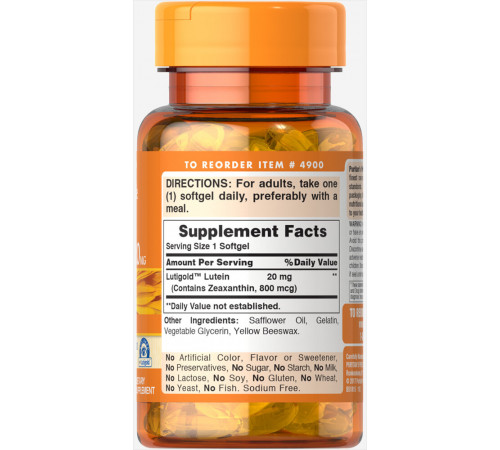 Лютеин для зрения Puritan's Pride Lutein with Zeaxanthin 20 мг 30 капс