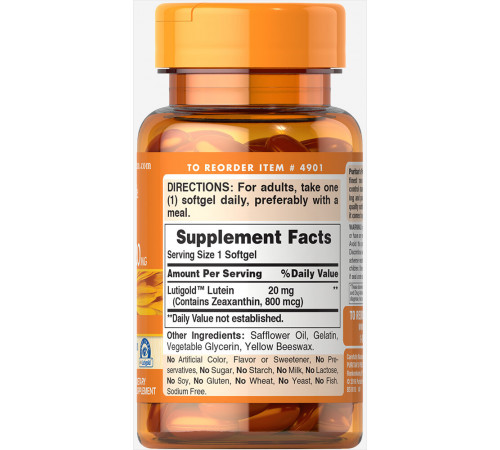 Лютеїн для зору з зеаксантином Puritan's Pride  Lutein with Zeaxanthin 20 мг 60 капс