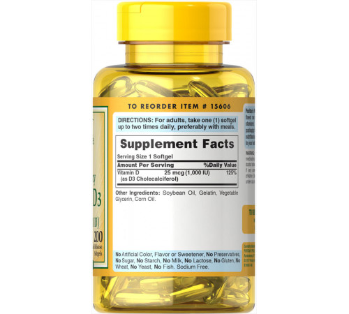 Вітамін Д3 (холекальциферол) Puritan's Pride Vitamin D3 1000 МЕ 200 капс