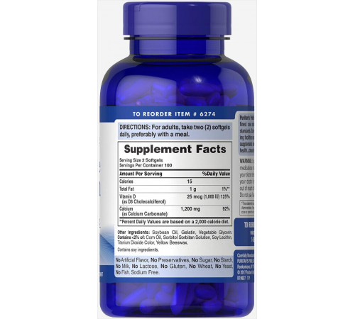 Кальций Д3 Puritan's Pride Absorbable Calcium with Vitamin D3 1200 мг/1000 МЕ 200 капс