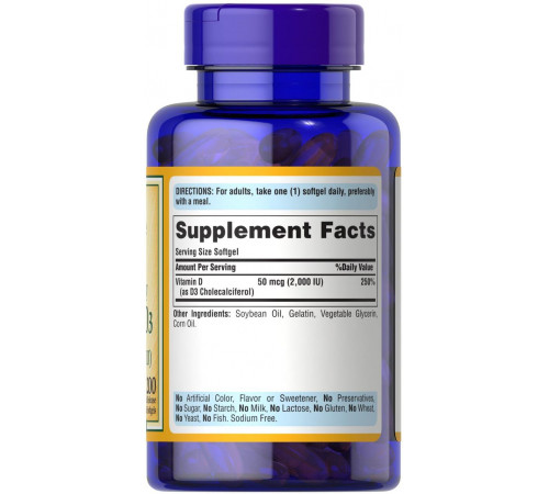 Вітамін Д3 (хокальциферол) Puritan's Pride Vitamin D3 2000 МЕ 200 капс
