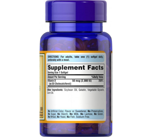 Витамин Д3 (хокальциферол) Purita's Pride Vitamin D3 2000 МЕ 100 капс