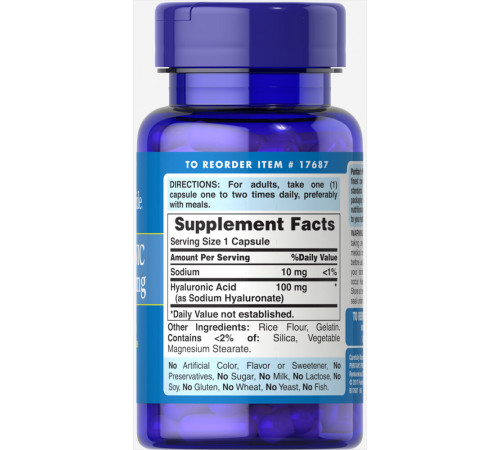 Гіалуронова кислота для суглобів Puritan's Pride Hyaluronic Acid 100 мг 30 капс