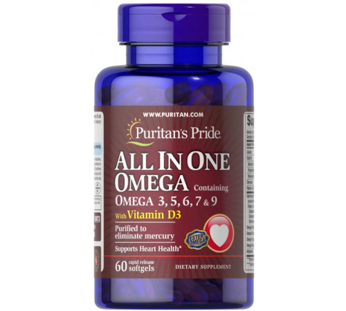 Лососева олія омега 3-5-6-7-9 і вітамін Д3 Puritan's Pride Omega 3, 5, 6, 7 & 9 with Vitamin D3 60 капс