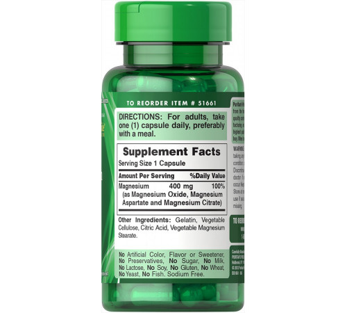 Магній оксид аспартат и цитрат Puritan's Pride Triple Magnesium Complex 400 мг 60 капс