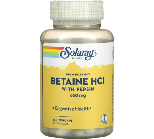 Бетаїн HCl + пепсин Solaray Betaine HCL with Pepsin 650 м 100 вег капс