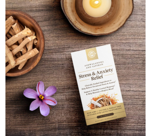 Засіб від стресу та нервів Solgar Stress & Anxiety Relief, Ashwagandha and Saffron 30 таб