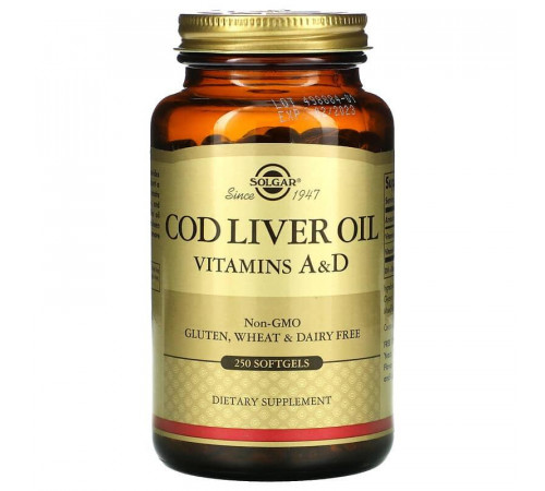 Вітамін А і Д з олії печінки тріски Solgar Cod Liver Oil Vitamins A & D 250 гелевих капсул