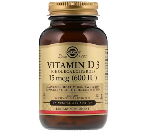 Витамин Д3 (холекальциферол) Solgar Vitamin D3 15 мкг (600 МЕ) 120 вег капс