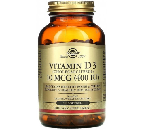 Витамин Д Solgar Vitamin D3 10 мкг (400 МЕ) 250 гелевых капсул