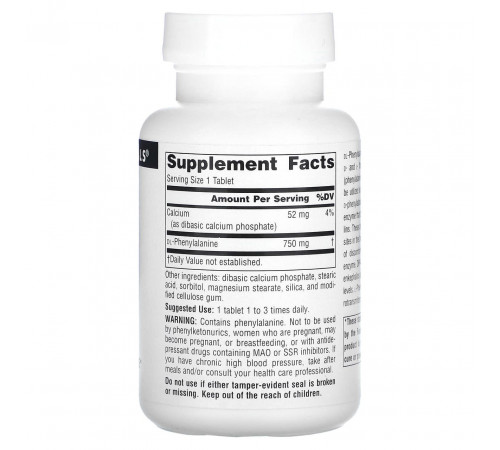 DL-Фенилаланин Source Naturals DLPA  750 мг 60 таб