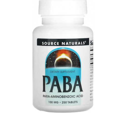 ПАБК пара-амінобензойна кислота Source Naturals PABA 100 мг 250 таб