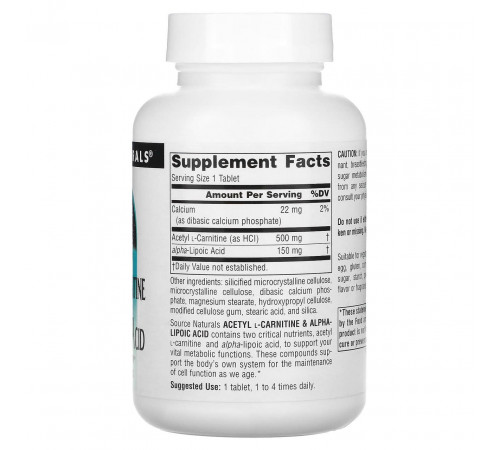 Ацетил карнітин + альфа-ліпоєва кислота Source Naturals Acetyl L-Carnitine & Alpha Lipoic Acid 650 мг 60 таб