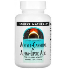 Ацетил карнітин + альфа-ліпоєва кислота Source Naturals Acetyl L-Carnitine & Alpha Lipoic Acid 650 мг 60 таб