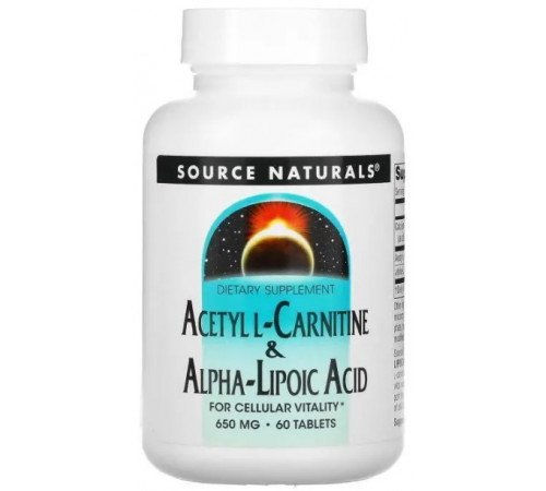 Ацетил карнітин + альфа-ліпоєва кислота Source Naturals Acetyl L-Carnitine & Alpha Lipoic Acid 650 мг 60 таб