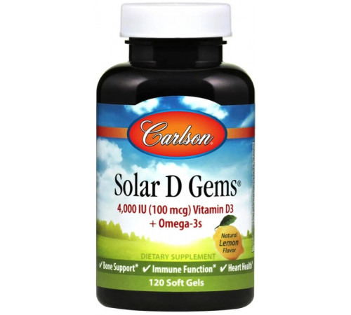 Омега 3 звітаміном D3 Carlson Solar D Gems 4000 МО 120 гел капс лимон