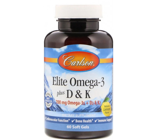 Омега 3 + вітамін Д3 і вітамін К Carlson Omega-3 Plus D & K 60 гел капс лимон