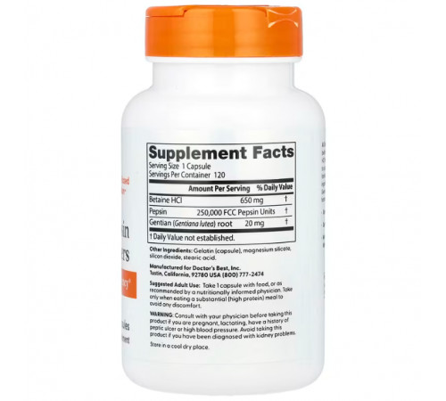 Бетаїн гідрохлорид + пепсин Doctorʼs Best Betaine HCL Pepsin 120 капс