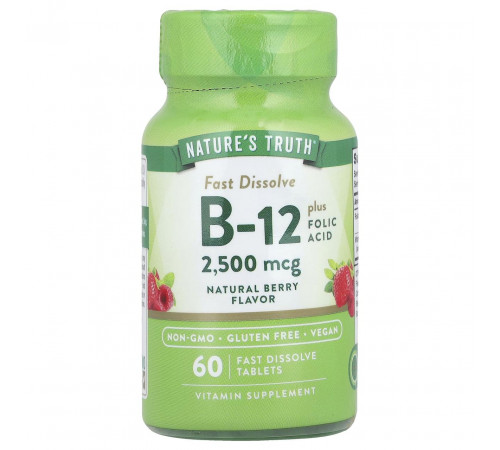 Вітамін B-12 плюс фолієва кислота Nature's Truth Vitamin B-12500 мкг 60 таб ягоди