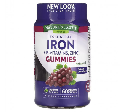 Залізо вітаміни групи B цинк Nature's Truth Essential Iron + B-Vitamins, Zinc 60 жувальних цукерок виноград