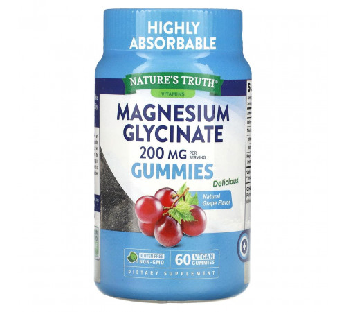 Магній гліцинат, Magnesium Glycinate Gummies, Nature's Truth, смак винограду, 200 мг, 60 веганських жувальних цукерок (100 мг на