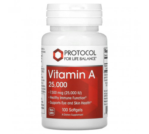 Вітамін А Protocol for Life Balance Vitamin A 7500 мкг (25 000 МО) 100 гел капс