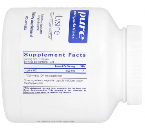 L-лізин HCl Pure Encapsulations l-Lysine 500 мг 270 капс